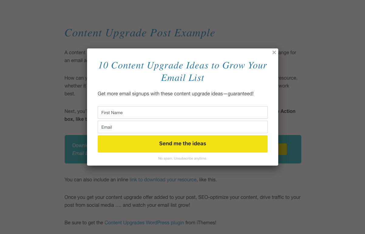 screenshot of example usage of a Content Upgrade popup for user subscriptions